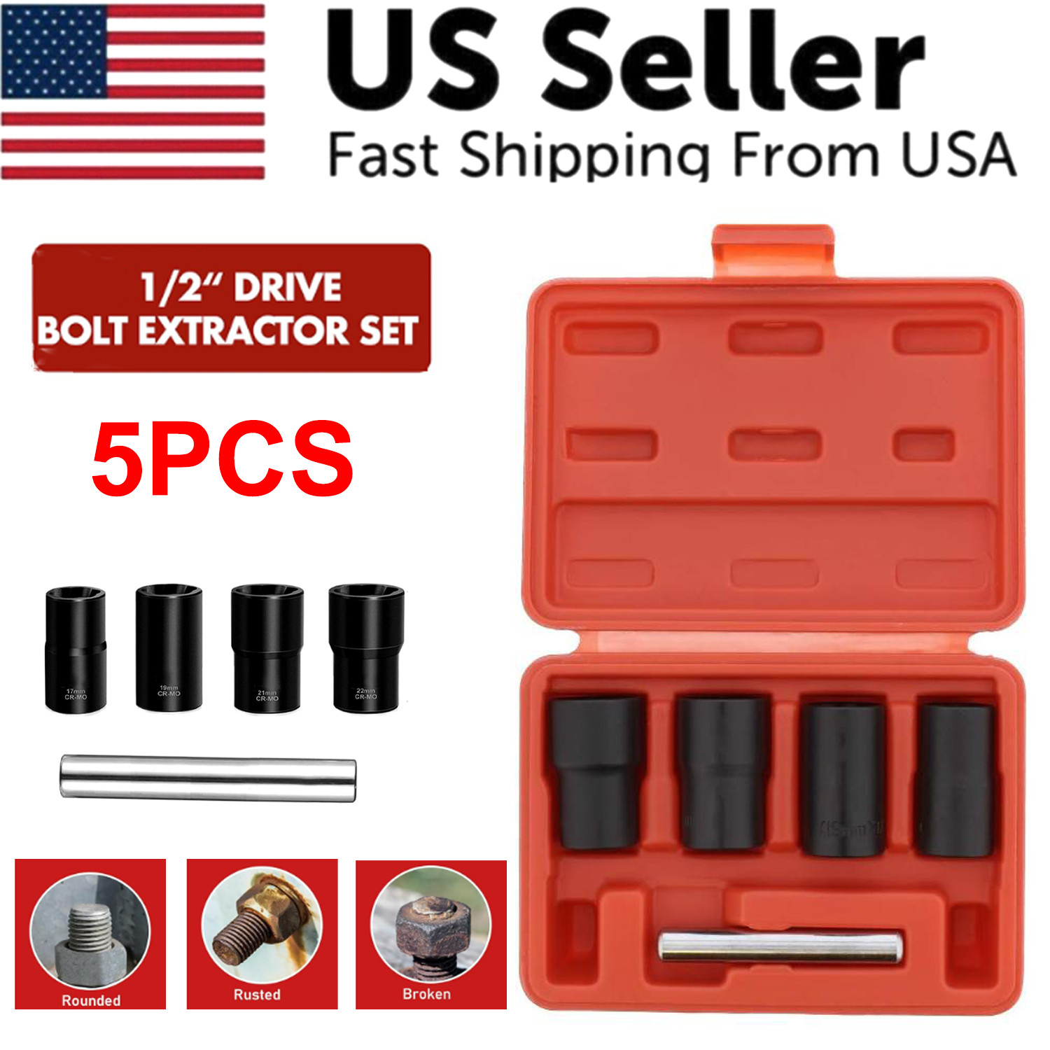 5Pc Wheel Lug Nut Remover 1/2″ Drive Twist Socket Kit Remove Damaged Locked Nut