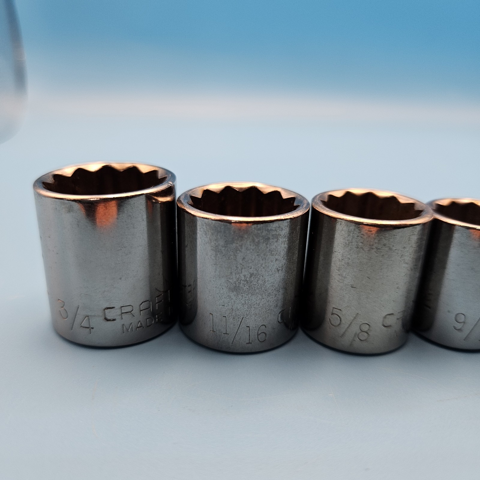 Craftsman 3/8” Drive 9pc, 12pt SAE Shallow Socket Set 1/4” – 3/4″ VTG USA G & G1