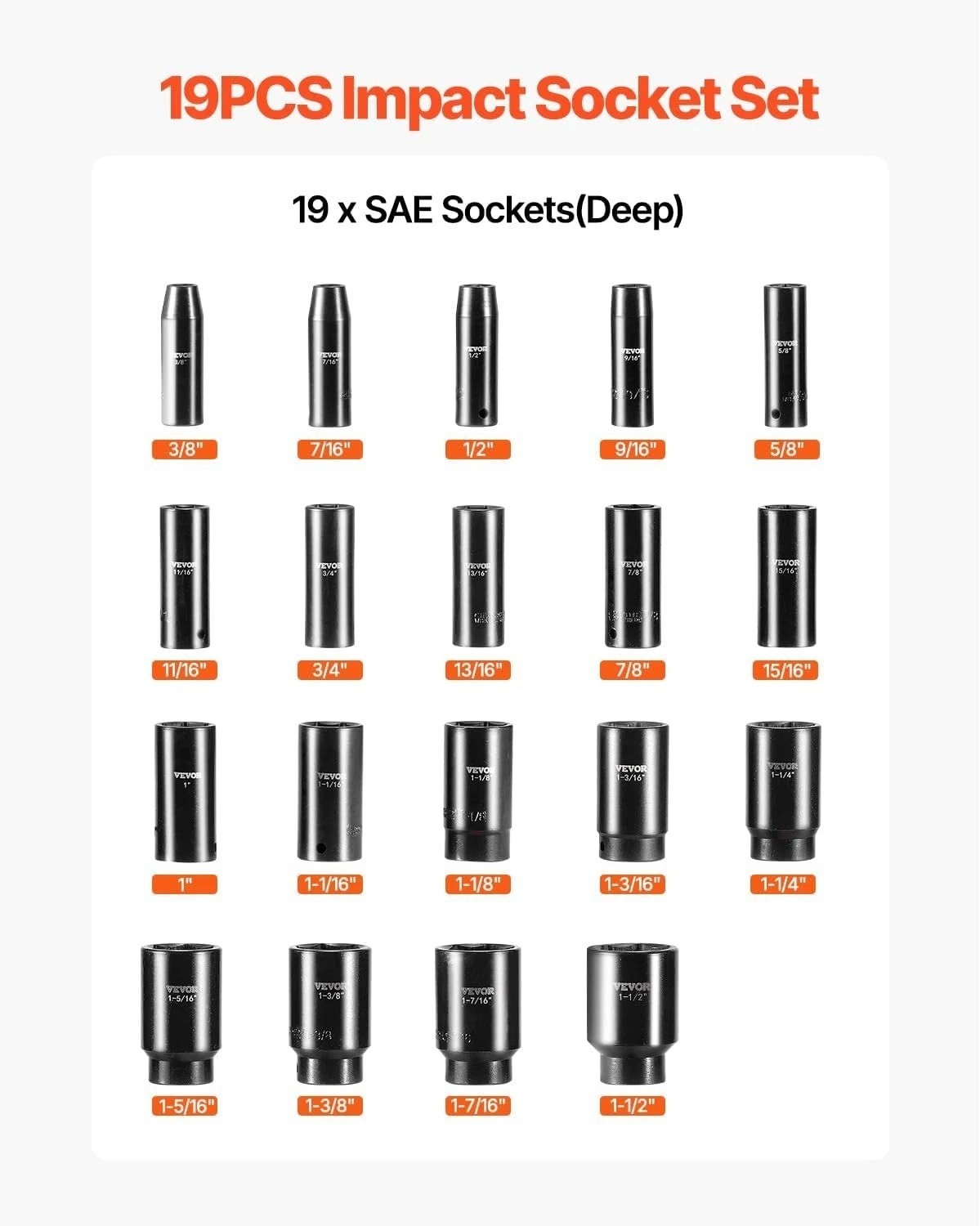 High-Performance 19-Piece Impact Socket Set with Deep Sockets – 1/2 Inch Drive