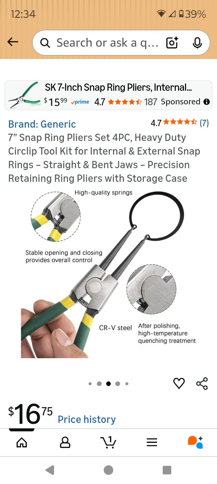 4Pcs 7″ Internal/External Snap Ring Pliers Set Heavy Duty Circlip Pliers Kit