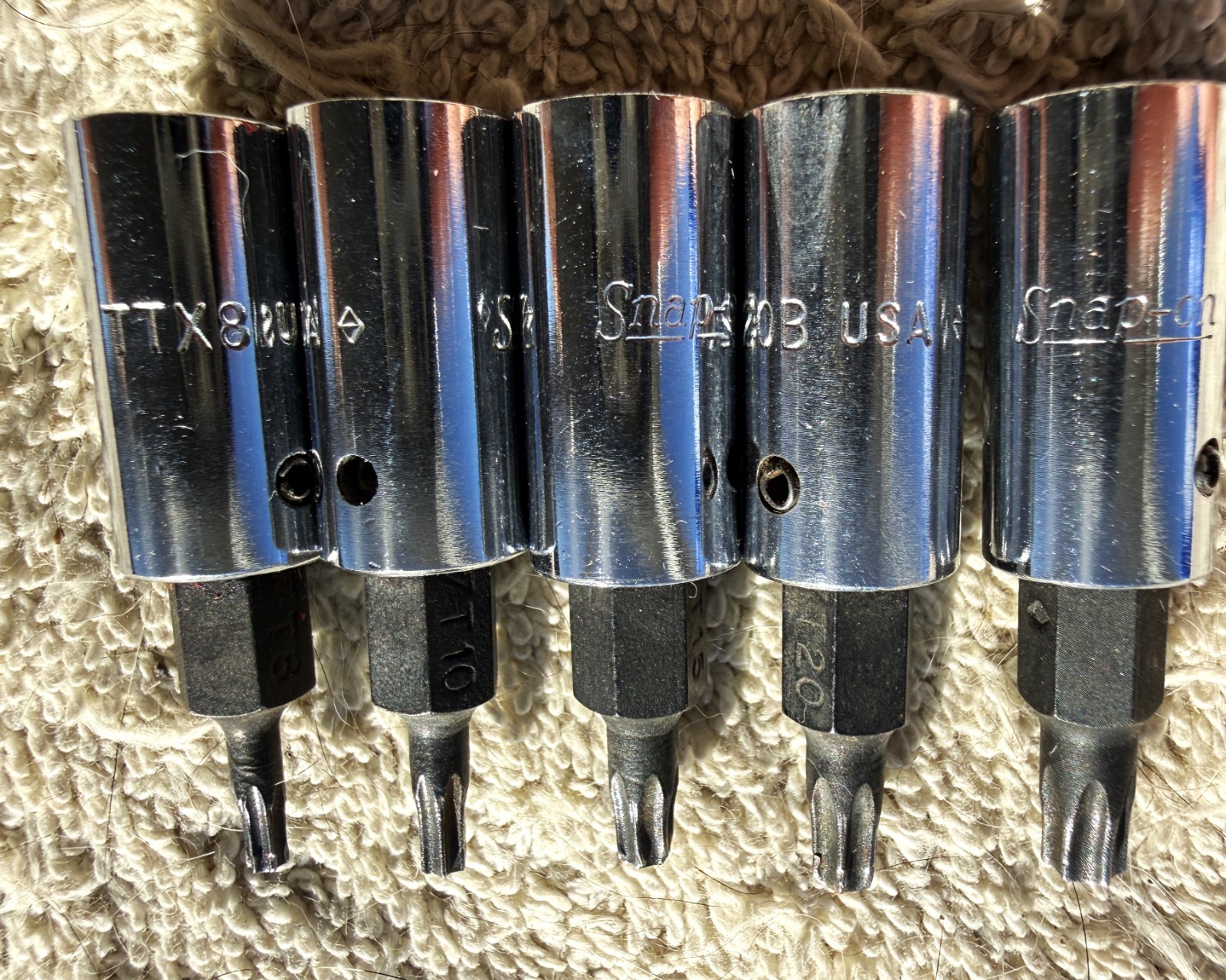 LOT OF 5 SNAP-ON TROX 1/4 INCH DRIVE TROX SOCKETS AS PICTURED AND DESCRIBED