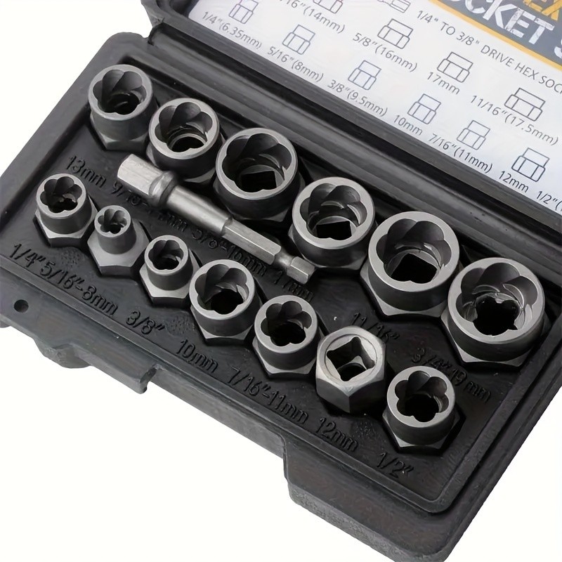 14pc Impact Bolt & Nut Remover Set 3/8″ Drive Bolt Extractor Tool Kit With Case