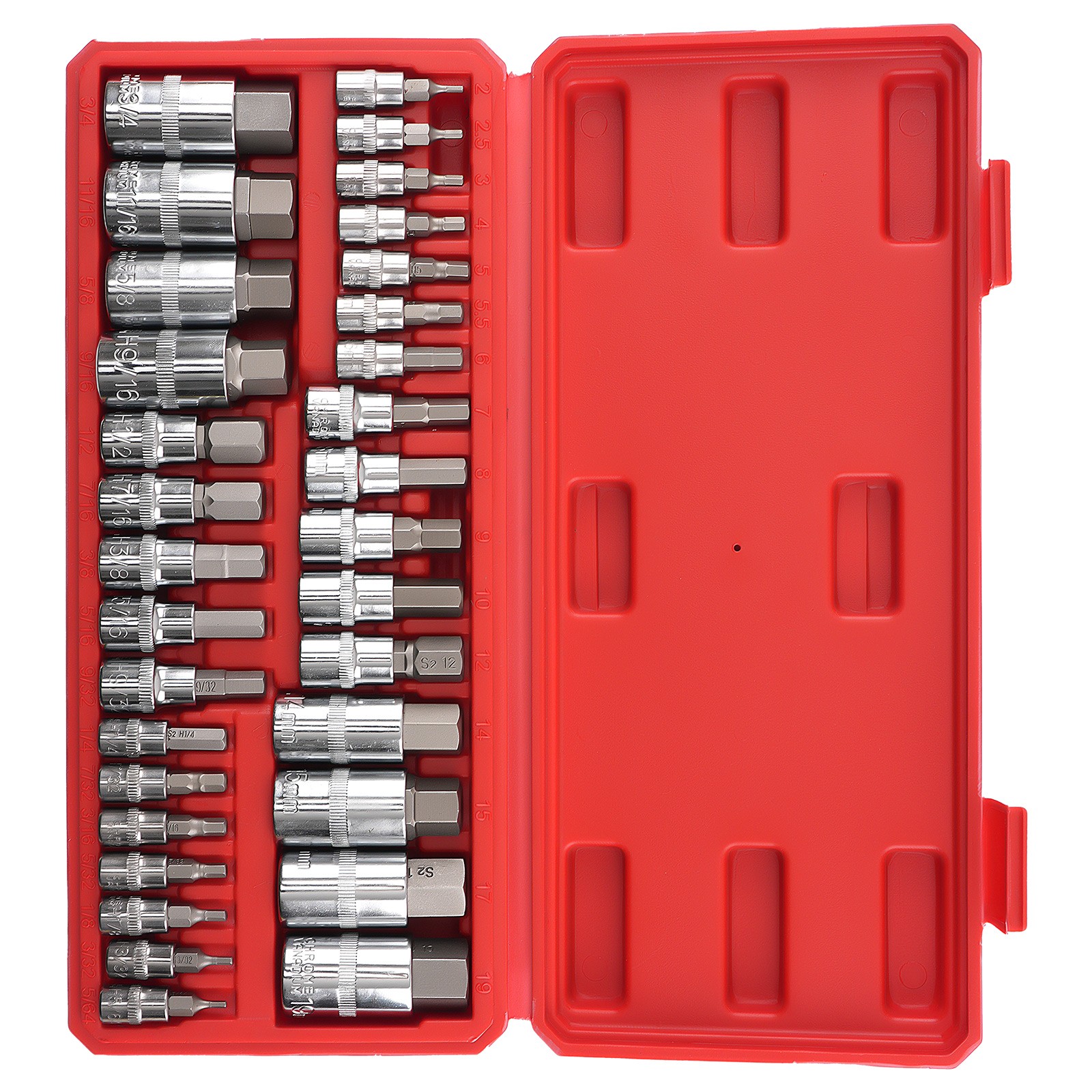 Chrome Hex Bit Socket Set 32 Pieces S2 Steel 1/4 3/8 1/2 Drive Metric