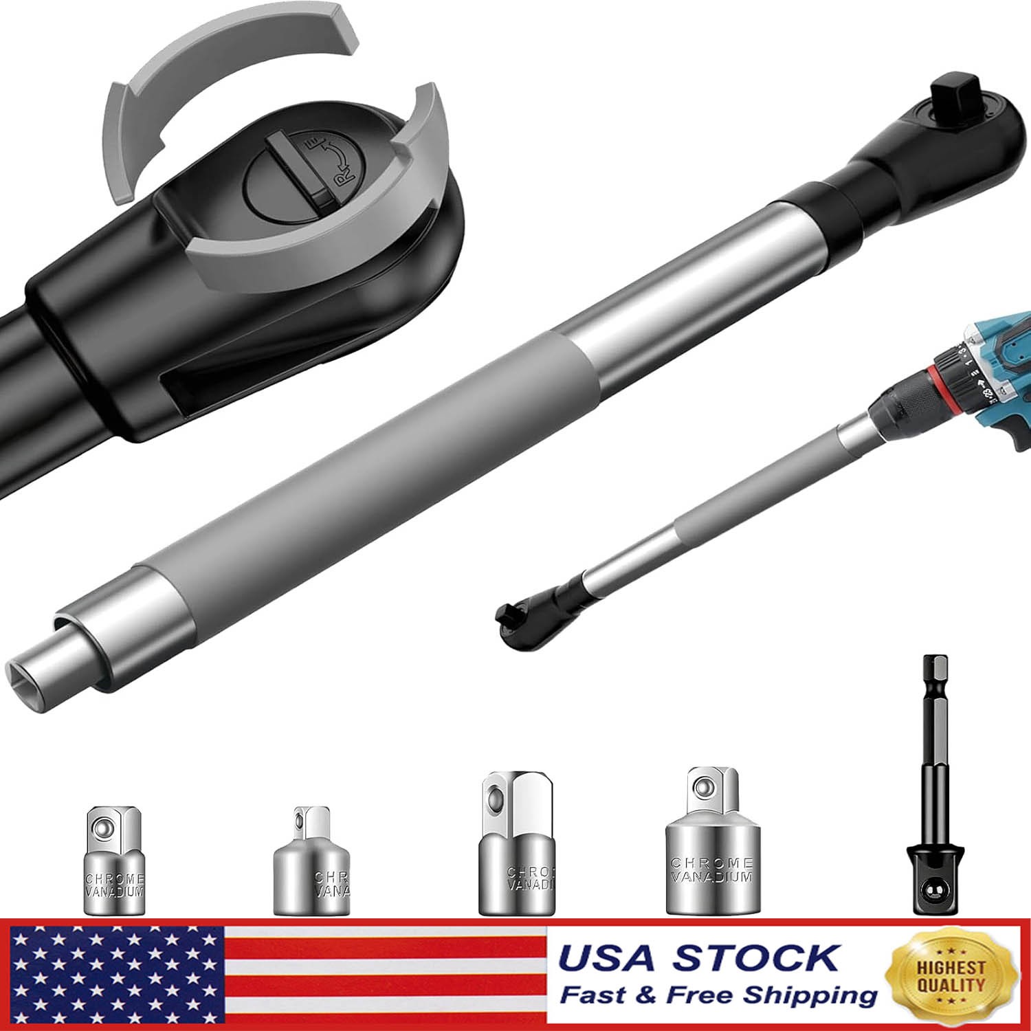 1/2″ Offset Extension Wrench Impact Ratchet Extender for Electric Drill 3/8″ 1/4