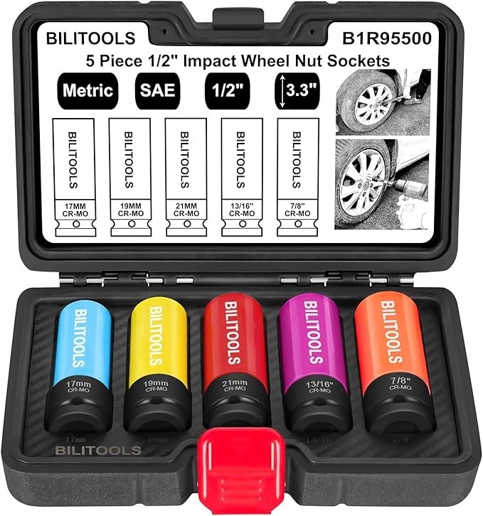 Impact Lug Nut Socket Set 1/2 Inch Drive 17mm 19mm 21mm 13/16 7/8 Non Marring