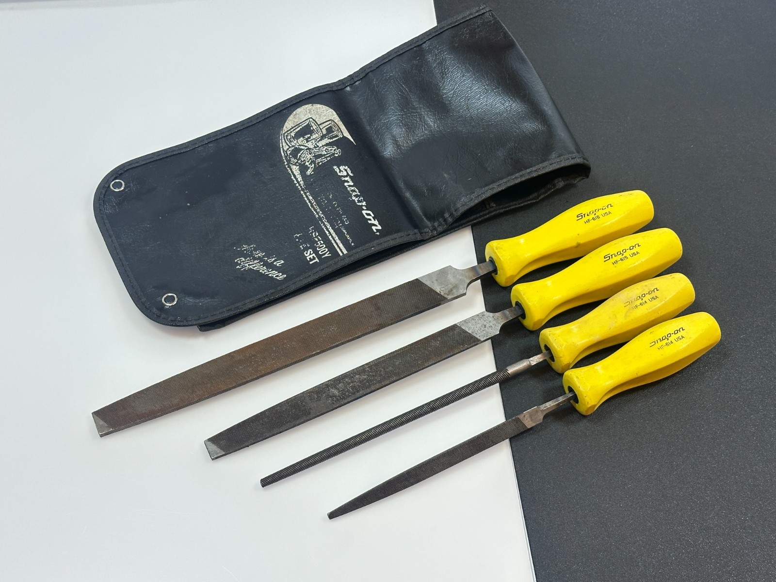 Snap-On Tools USA HBF500Y 4pc CLASSIC YELLOW Hard Handle File Set & Kit Bag RARE