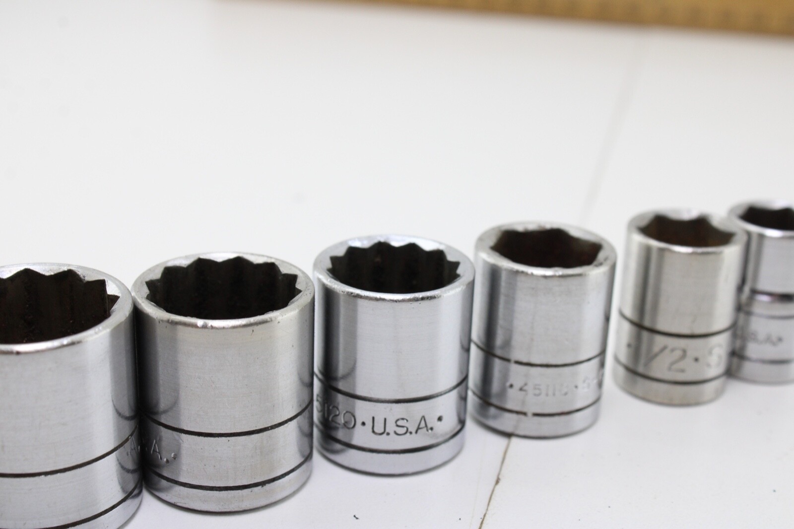 S-K Tools 45128-45112 USA 7/8″-3/8″ 9 Piece 12/6 Pt 3/8 DrSockets Good Cond