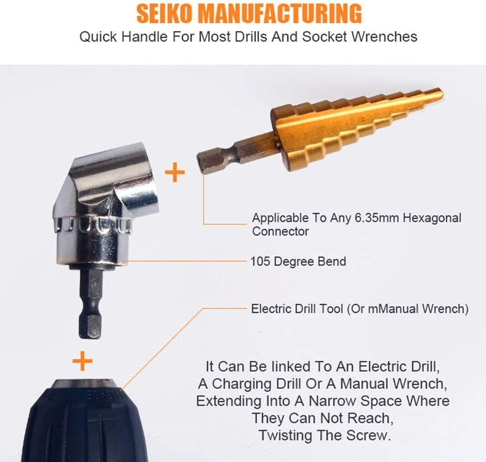 Versatile 1/4, 3/8, 1/2 Inch Hex Socket Adapters with Right Angle Extension Tool