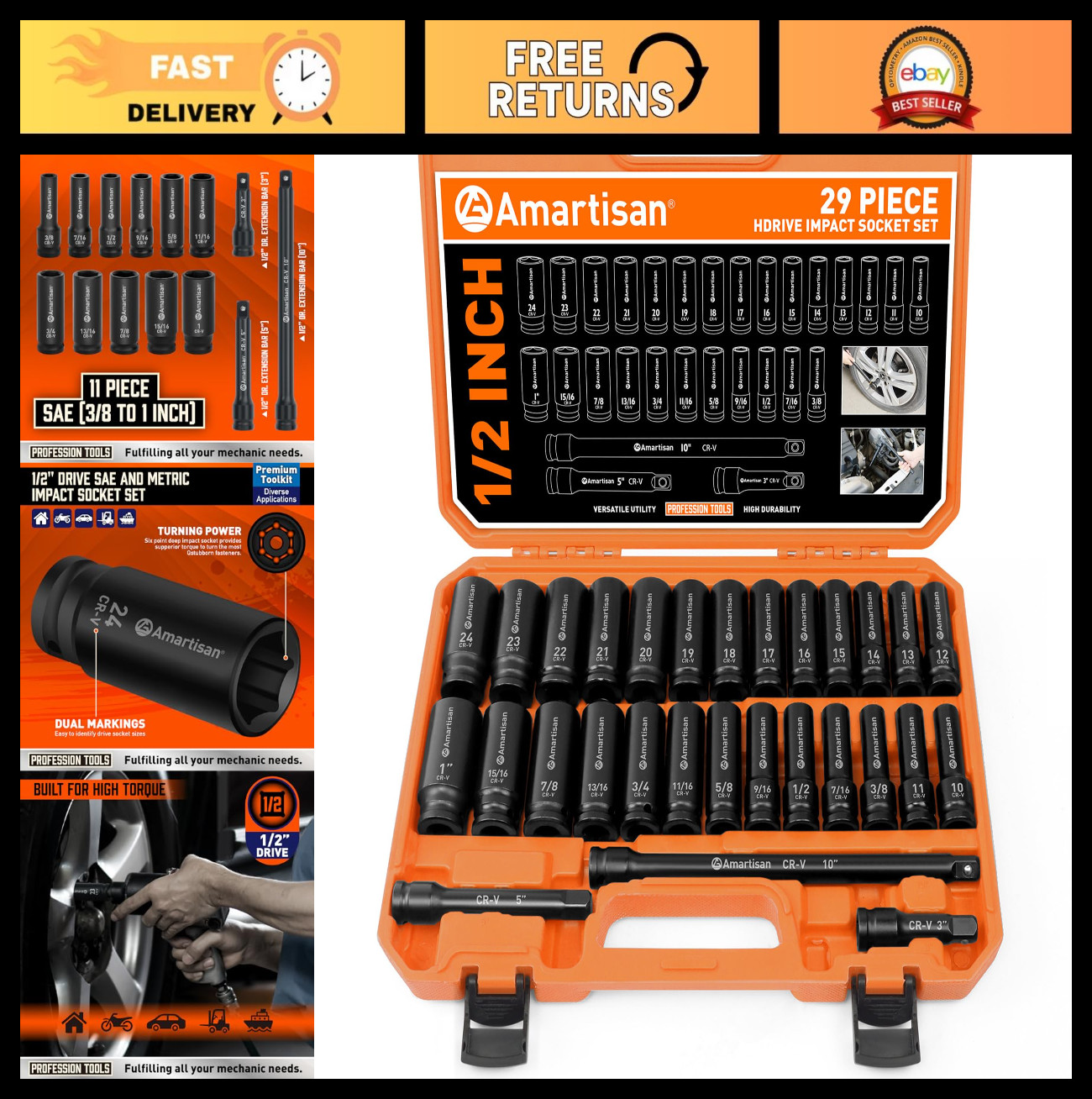 29-Piece 1/2″ Drive Impact Socket Set – 6 Point Cr-V Steel Sockets & Ratchet Han