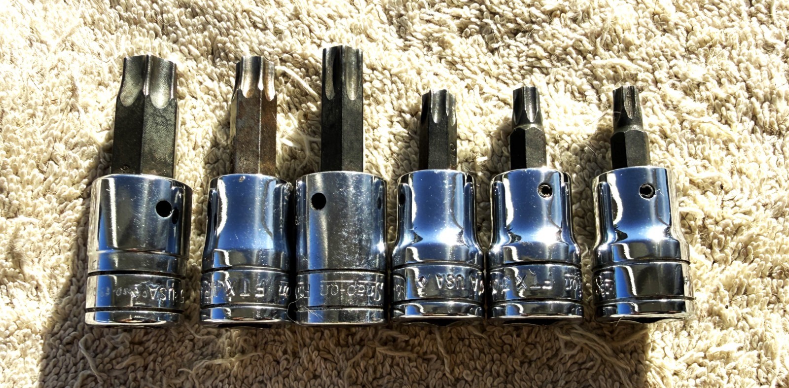 LOT OF 6 SNAP-ON 3/8 INCH DRIVE TROX SOCKETS AS PICTURED AND DESCRIPTED