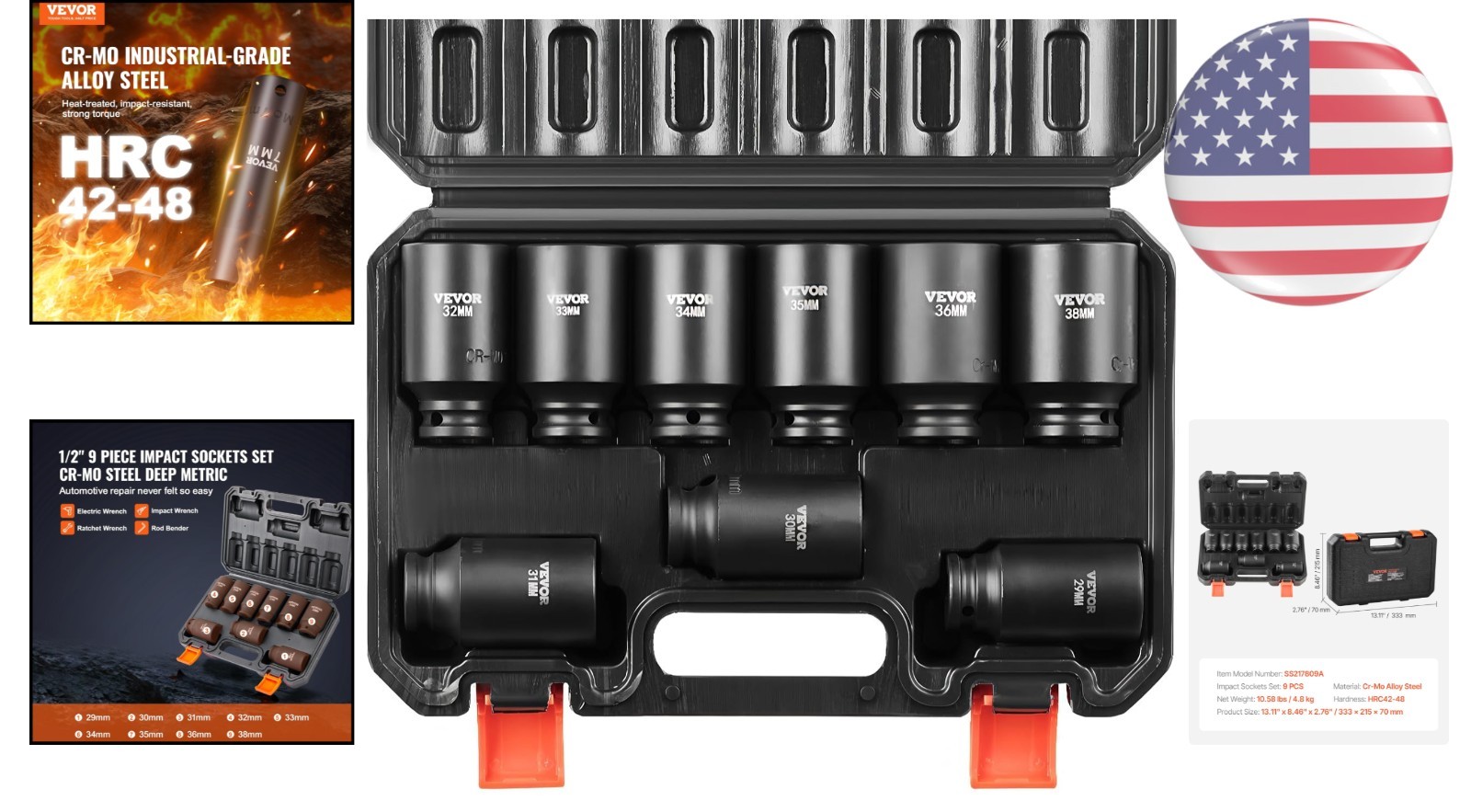 9-Piece Cr-Mo Deep Impact Socket Set with Easy-Read Markings & Toolbox