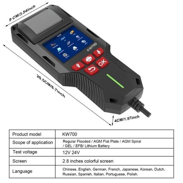Record Printout KW700 Battery Tester Conductance Analyzer 12V And 24V Compatible
