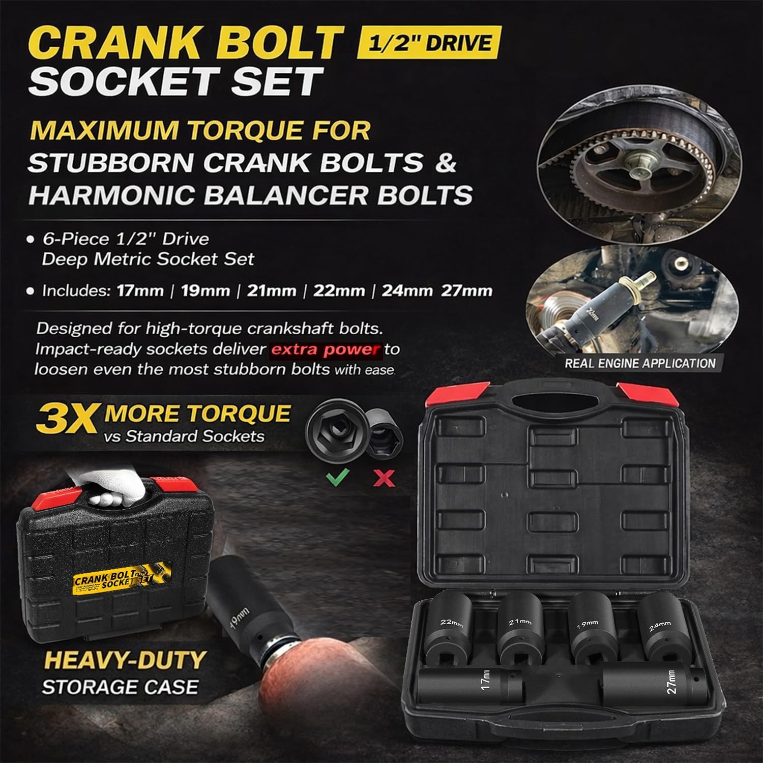6x Crank Bolt Socket Set 1/2″ Drive Harmonic Balancer Socket 17/19/21/22/24/27mm