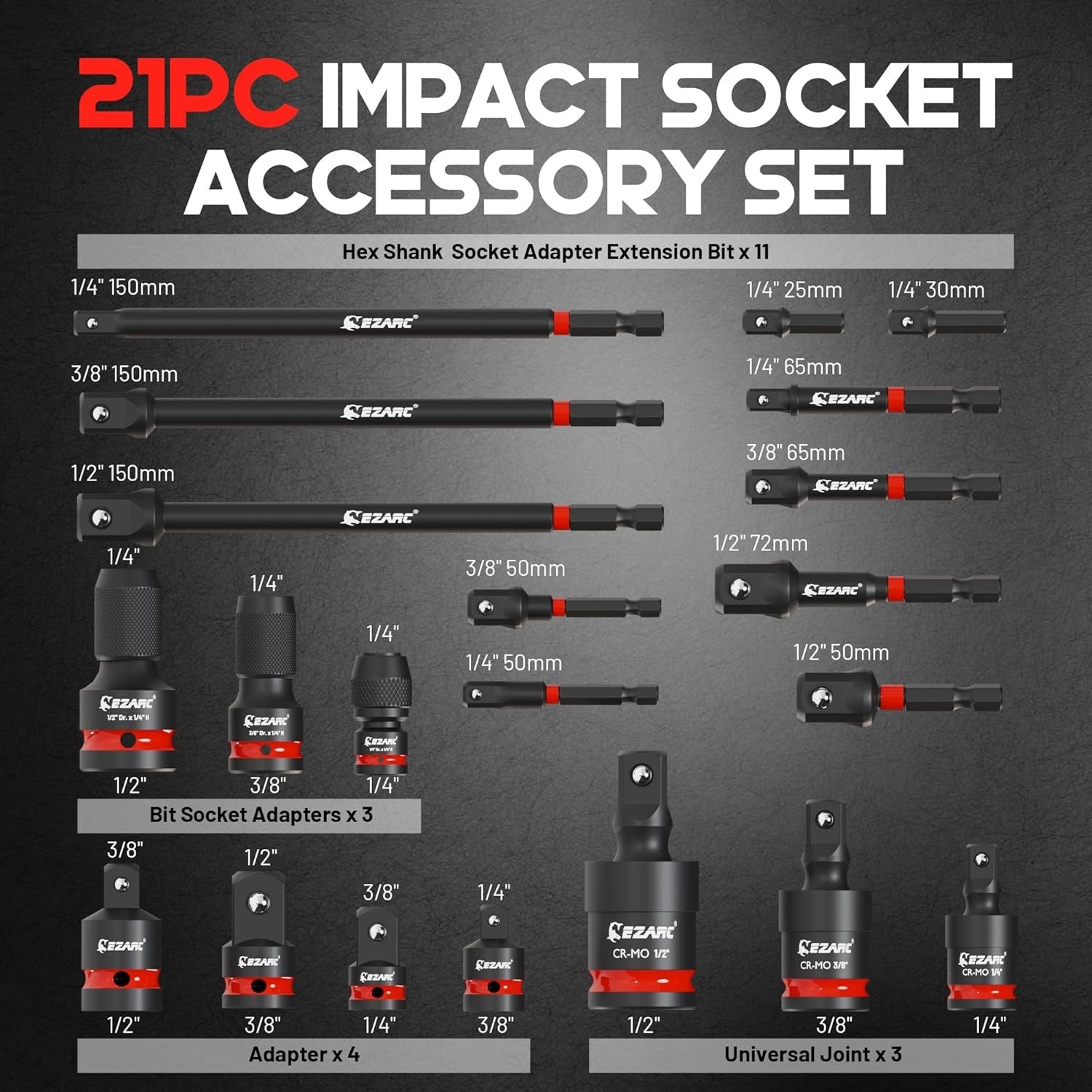 21PCS Impact Socket Adapter Set, Includes CR-MO Universal Swivel Socket Set, …
