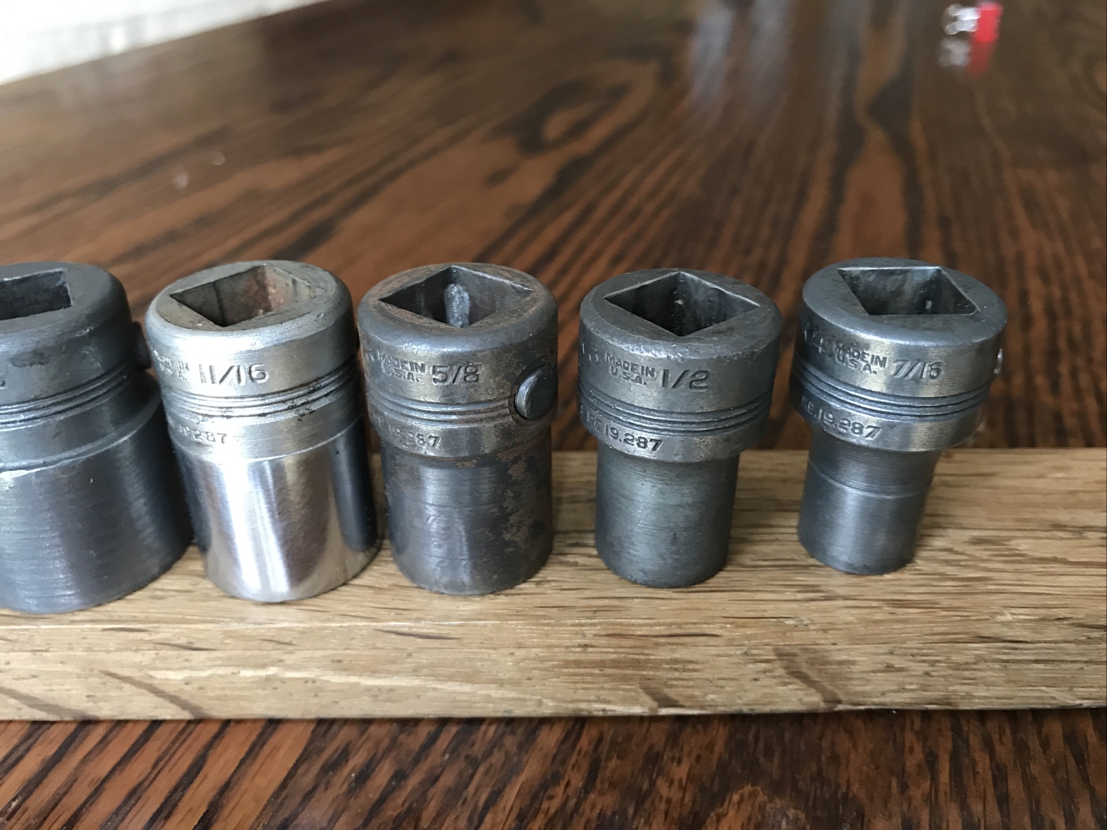 7 Rare Vintage 1940s Blackhawk USA Sockets With 1/2” Drive 1-1/6” To 7/16” AF.