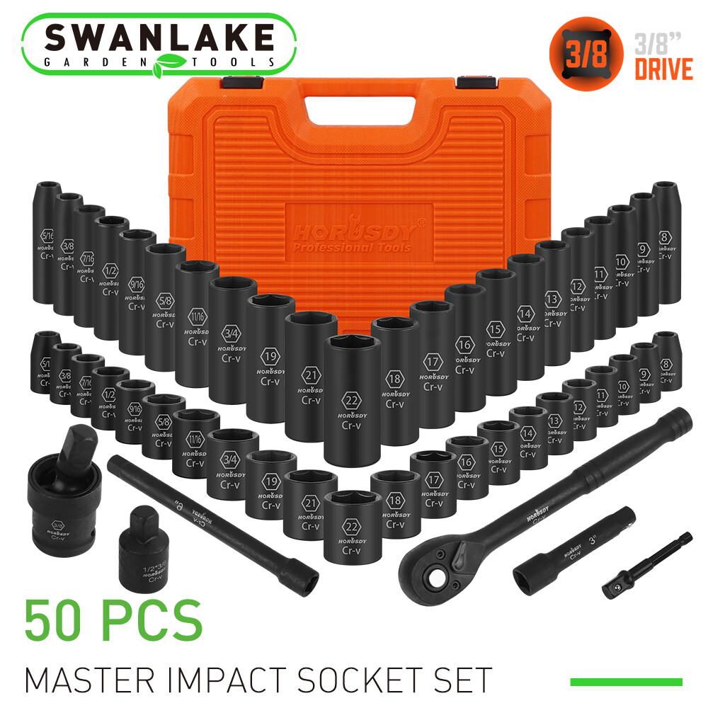 50PC 3/8″ Drive Impact Socket Set Deep & Standard SAE Metric 5/16 – 3/4 8 – 22MM