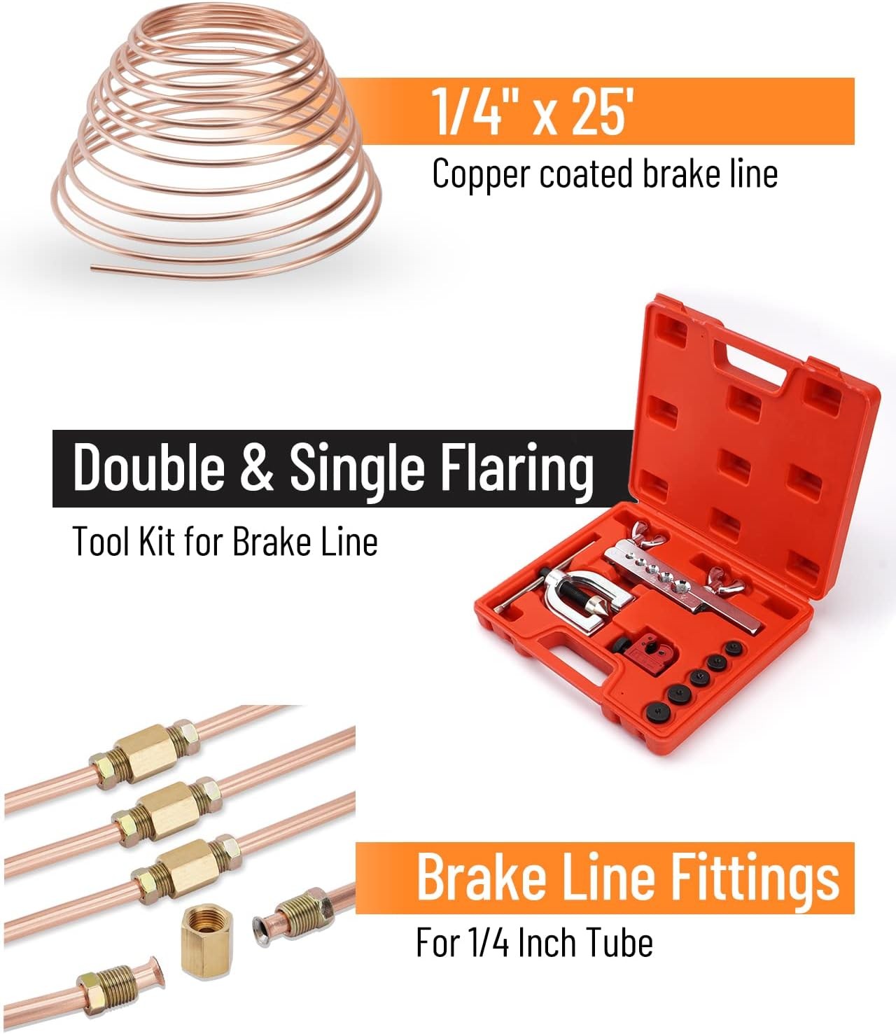 Brake Line Pipe Repair Kit 25ft 1/4 Copper Pipe Flaring Tool w/ 20 Nuts Fittings