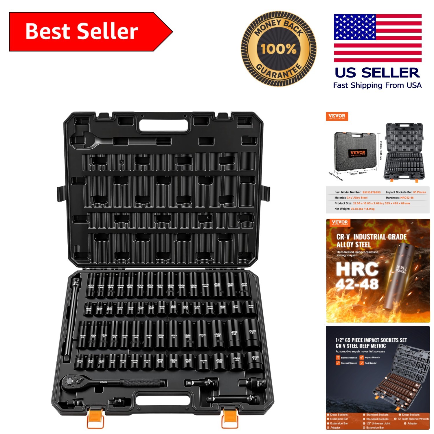 High Torque 1/2″ Drive Socket Set – 65 Piece Cr-V Steel for Auto Enthusiasts
