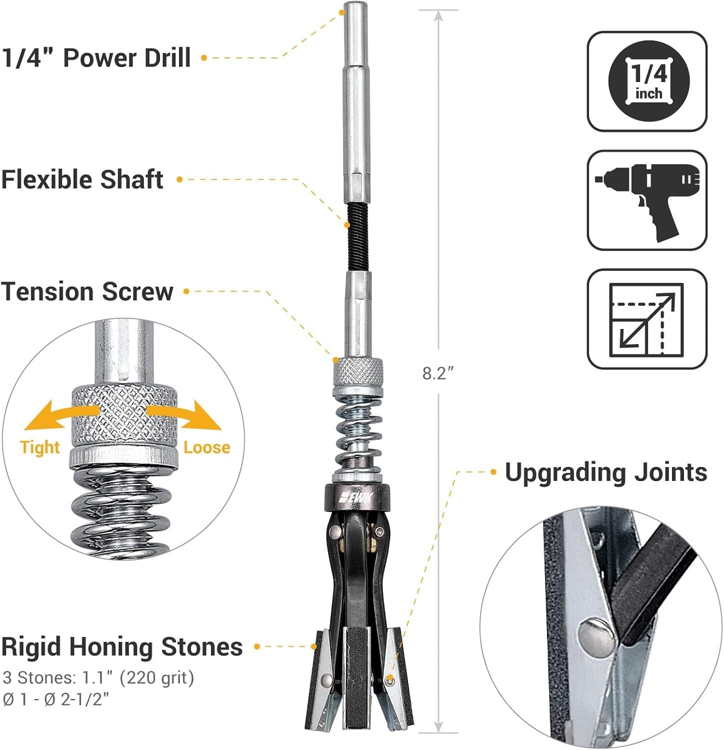 Adjustable 1 to 2-1/2 Inch Engine Cylinder Hone Tool – 220 Grit Precision Finish