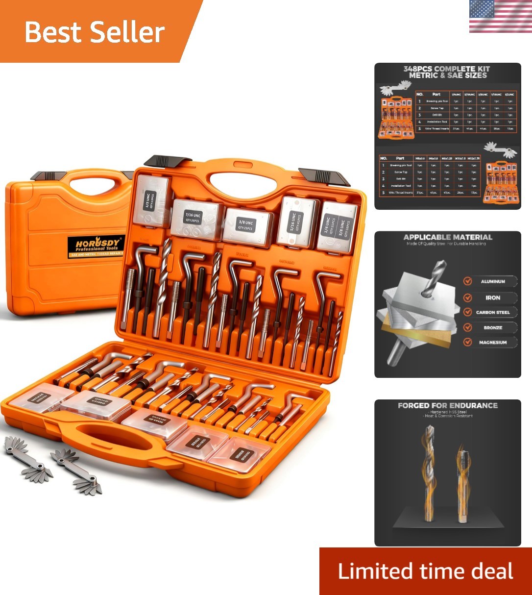 348-Piece Thread Repair Kit, Metric & SAE Helicoil Set with HSS Drill Bits, T…