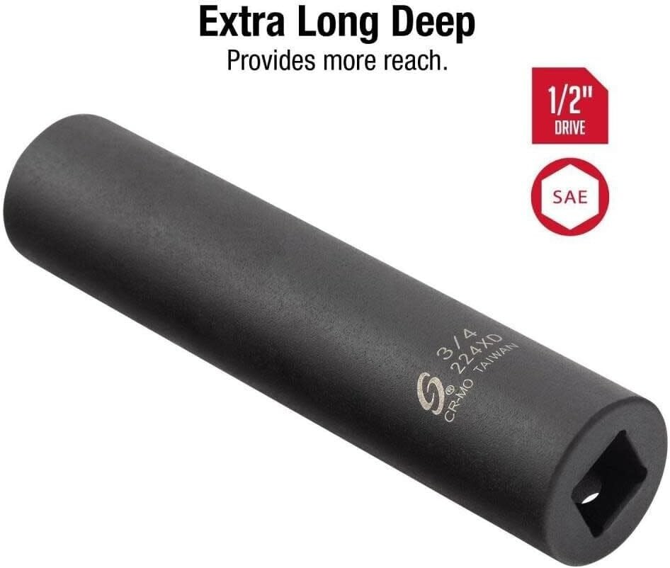 1/2 Inch Drive Extra Deep Impact Socket – Black Phosphate Finish, ANSI Compliant
