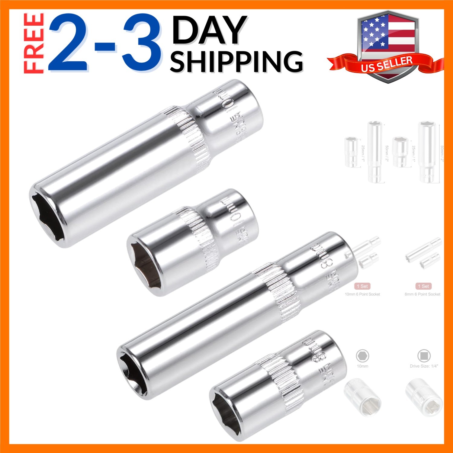 1/4-inch Drive by 8mm & 10mm Deep and Shallow Socket Set, 6-Point CR-V Steel