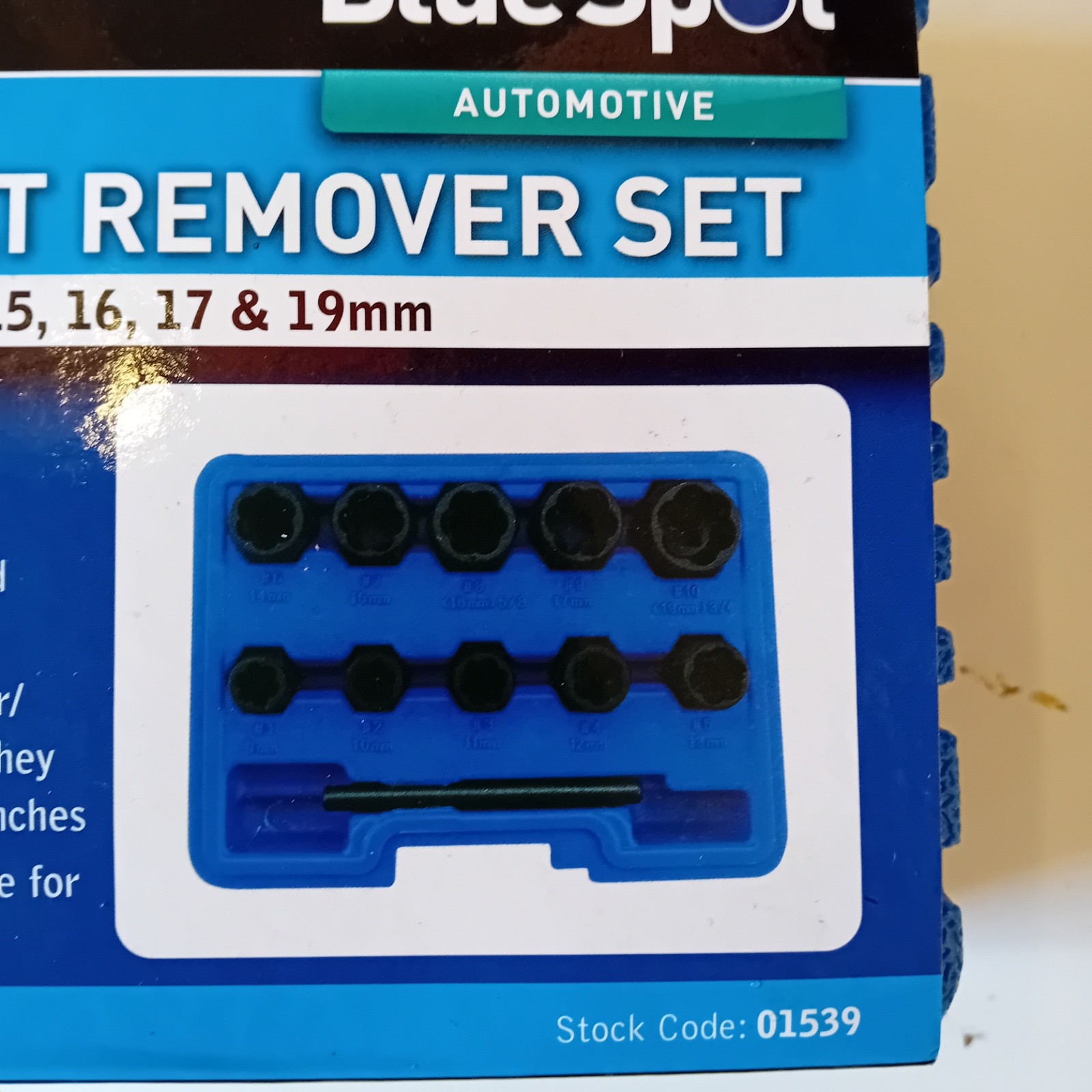 Blue Spot 10 piece bolt remover set 9 – 19mm stock code 01539.