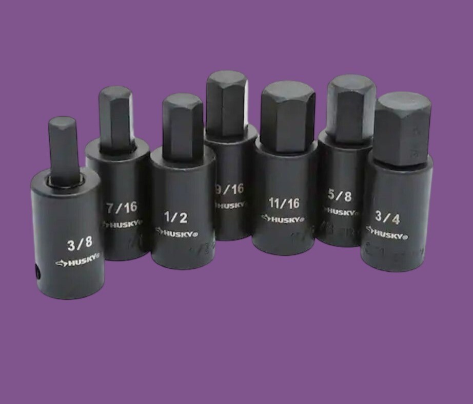 Husky 1/2 In. Drive Hex Bit Impact Socket Set SAE 7-Pieces with Rail 3/8 to 3/4