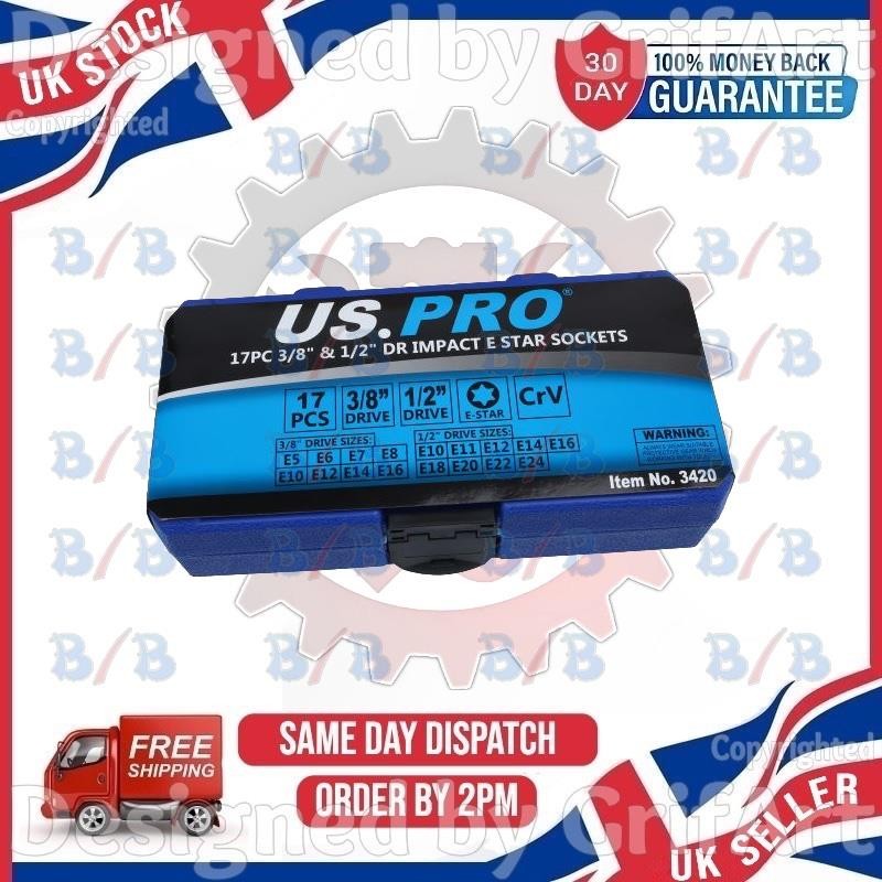 US PRO 17PC FEMALE IMPACT E STAR SOCKET SET TORQUE TORX 1/2″ 3/8″ DRIVE E5 – E24