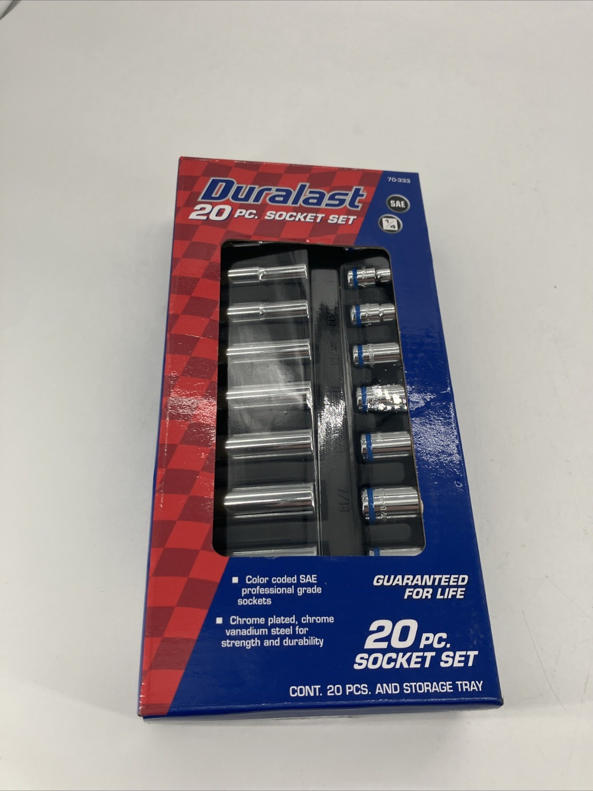Duralast 20PC Socket Set + Storage Tray (70-333) – 1/4 Drive, SAE, 6 Point