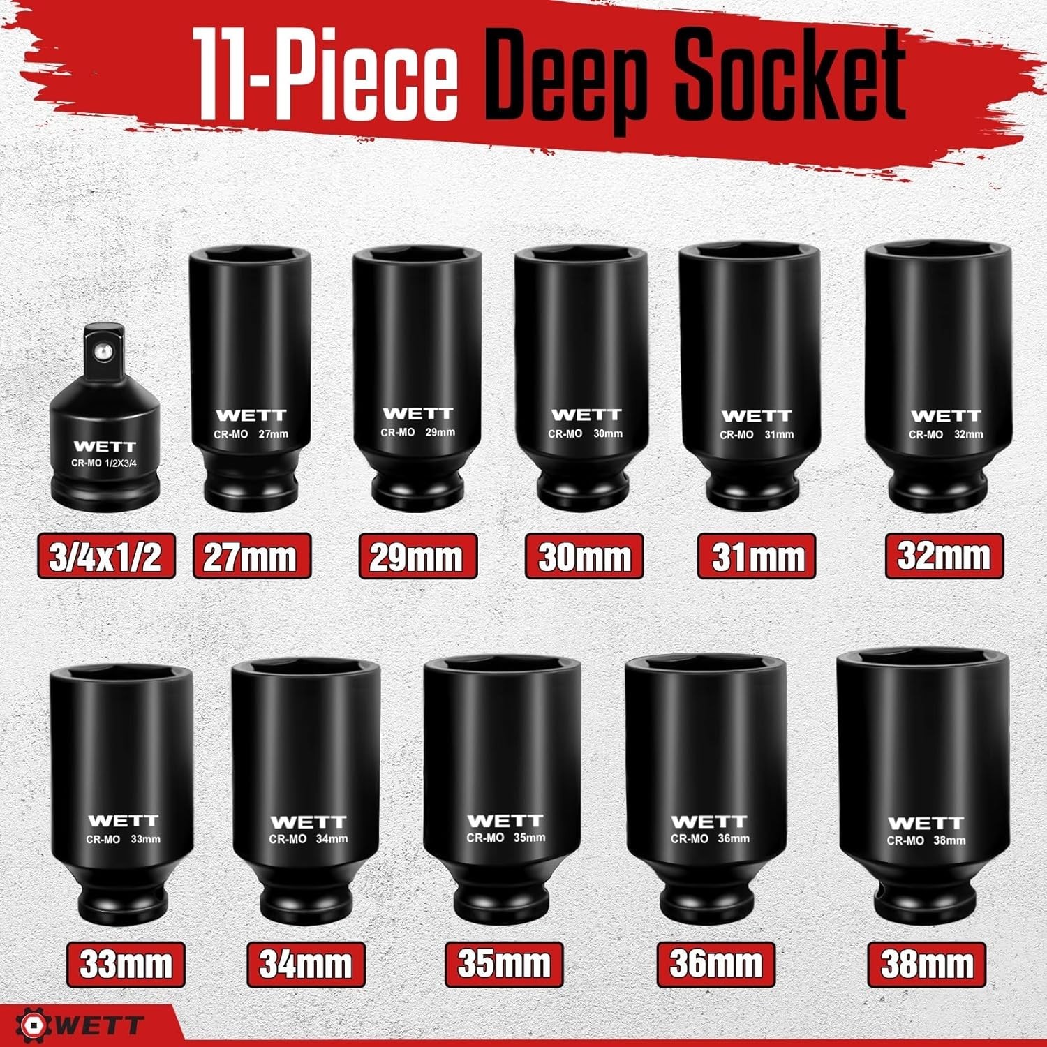 Chrome Molybdenum 11-Piece Deep Socket Set, Metric 6-Point with Storage Case