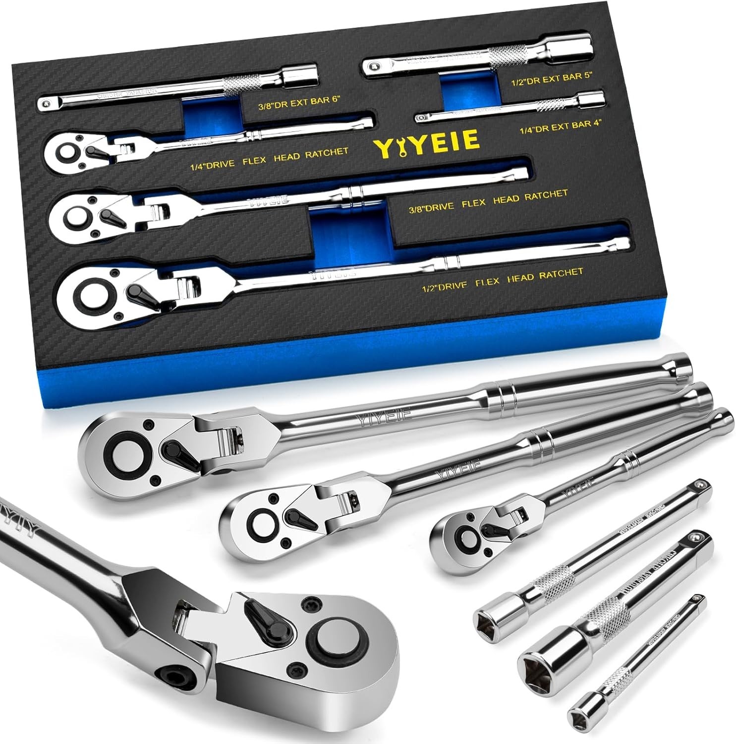 6-Piece Flex Head Ratchet Set, 1/4″, 3/8″, 1/2″ Drive, Swivel Head Ratchet Wr…
