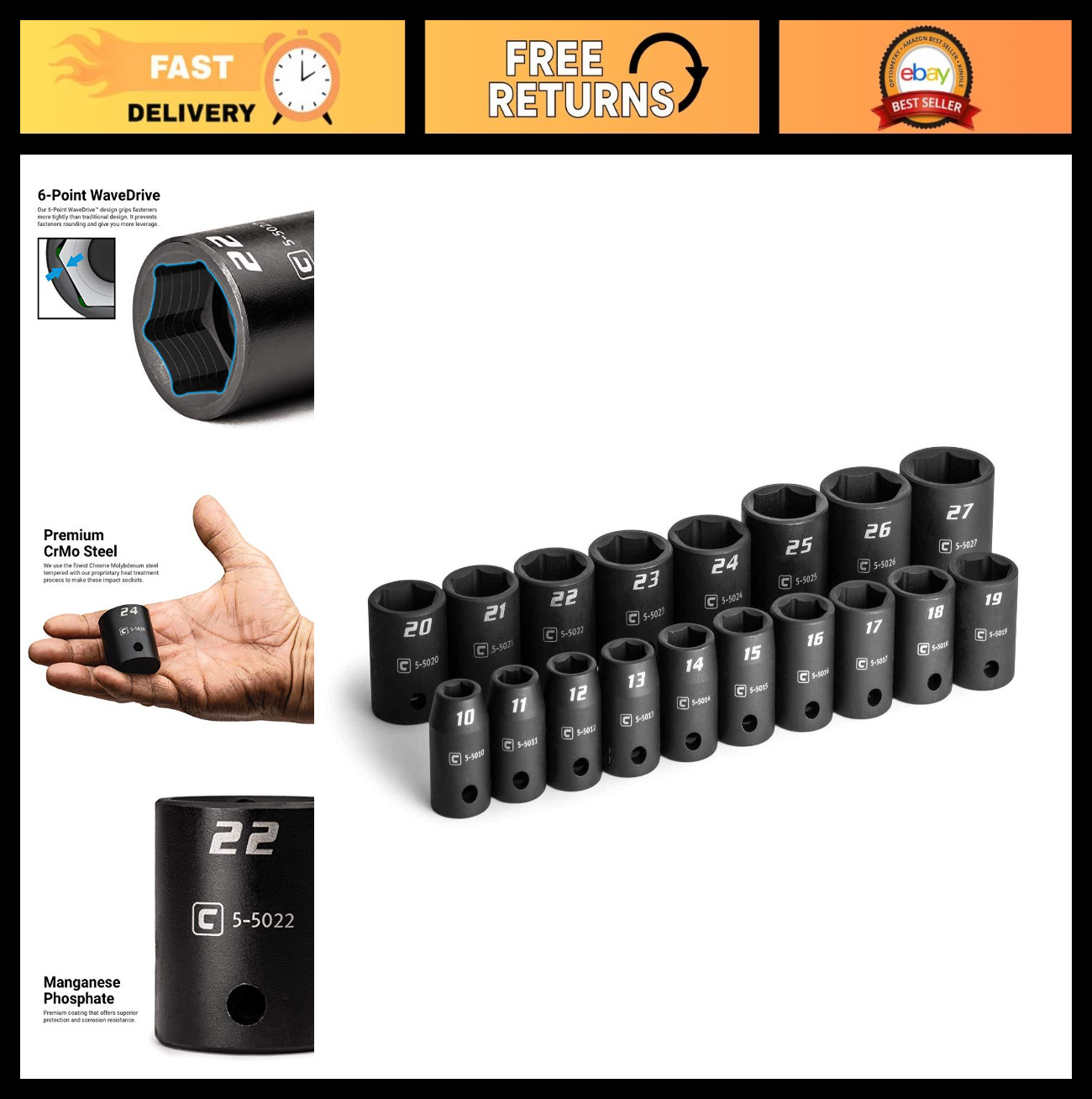 18-Piece Metric Shallow Impact Socket Set, 1/2″ Drive, 10-27mm, Durable Tool Kit
