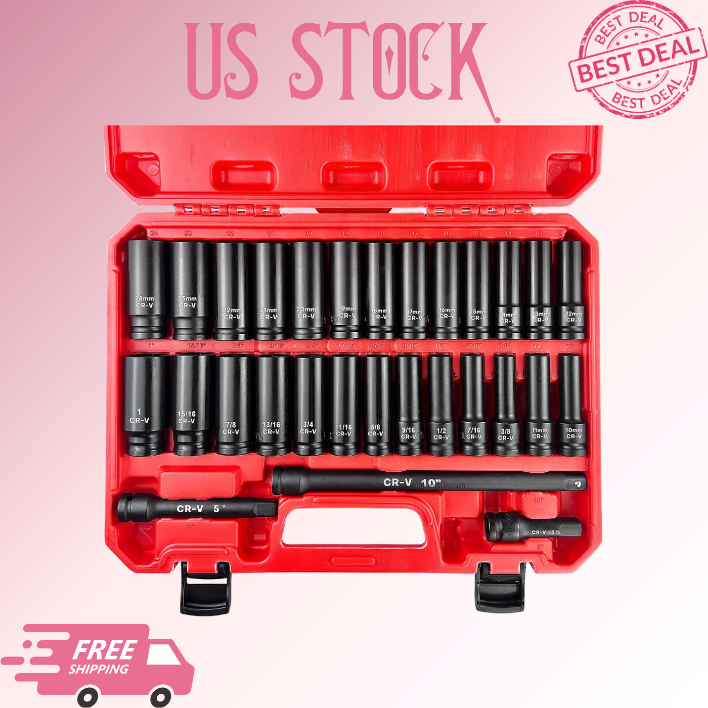NEW 29PCS 1/2″ Drive Deep Impact Socket Set SAE Metric Cr-V Steel
