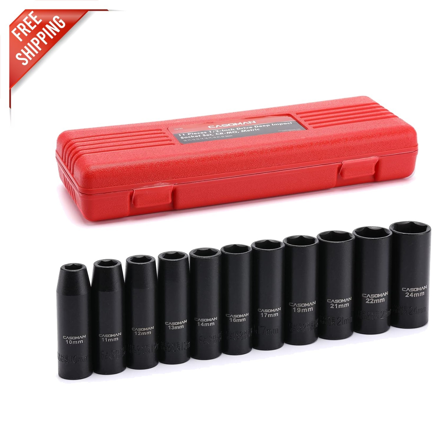 Professional 11-Piece Chrome Vanadium Deep Impact Socket Set | 10mm to 24mm