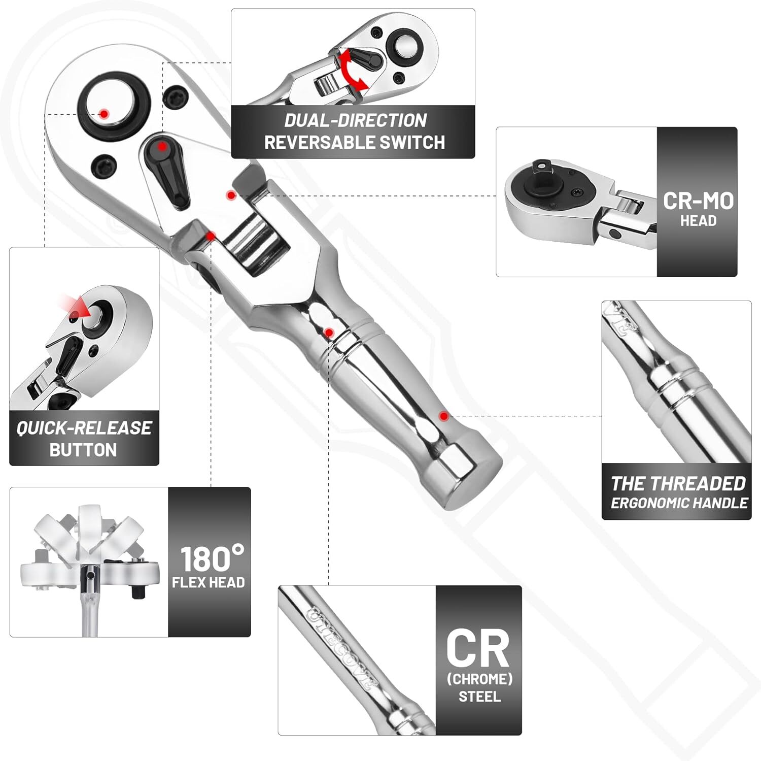 UYECOVE 3/8 Inch Drive Stubby Ratchet Flex Head Ratchet 3/8 Stubby Ratchet Mi…