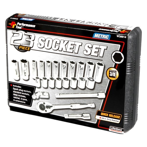 Performance Tool 3/8″ Drive Metric Ratchet & Socket Set, 23 Pieces