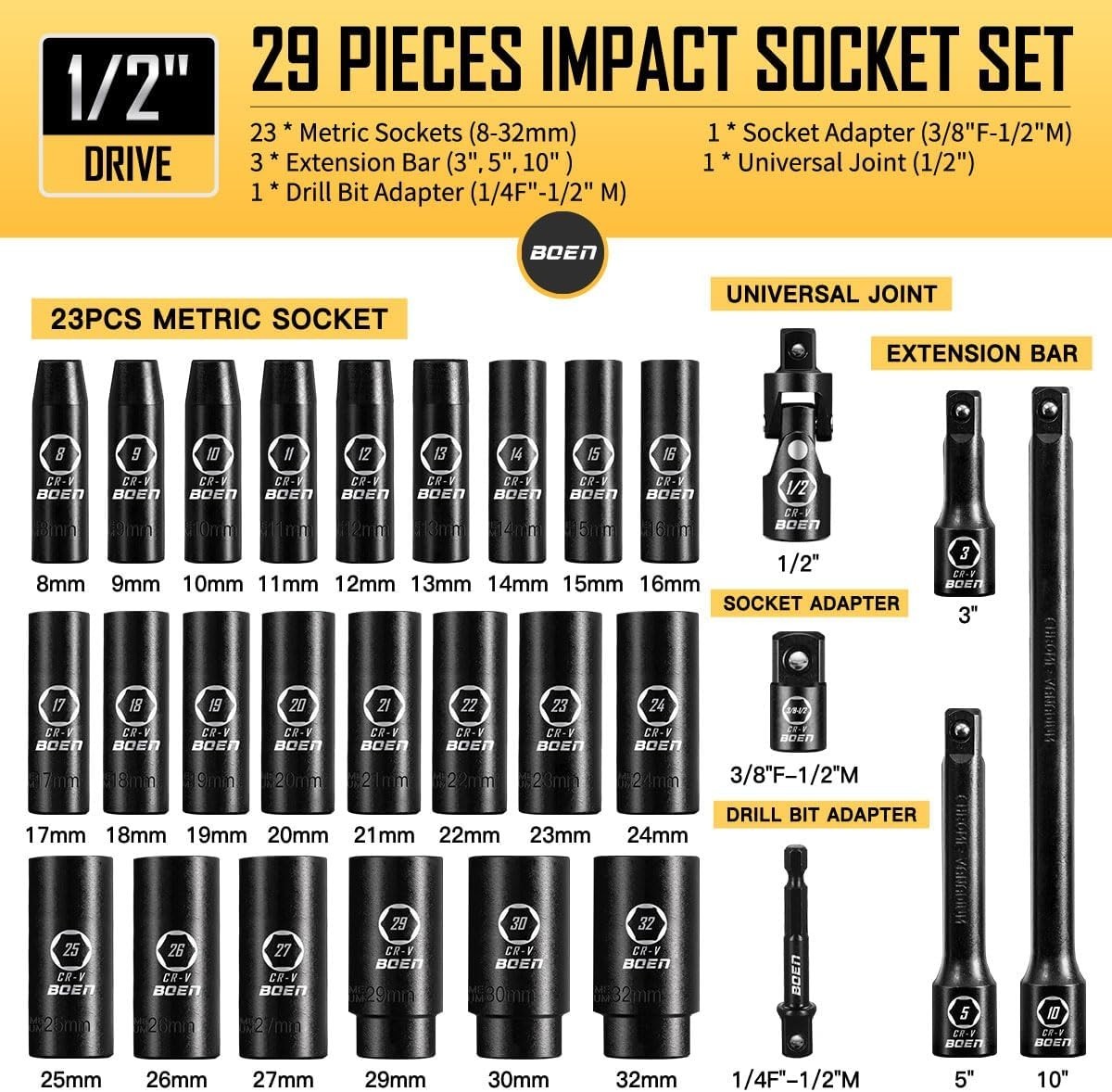 8mm-32mm 1/2” Drive Metric Socket Set, Impact Deep Socket, 6 Point Lug Nut So…