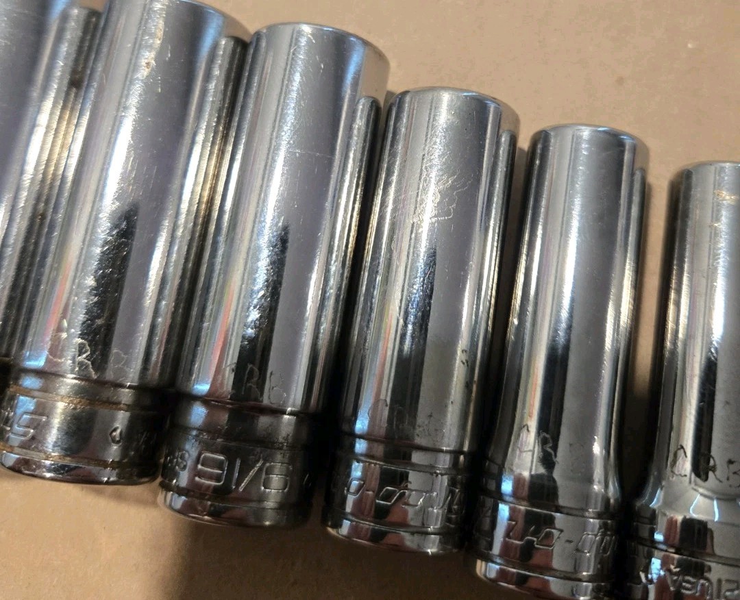 Snap On 3/8″ Drive 1/4″-7/8″ 6PT SAE Deep Chrome Sockets USA With Rack Lot Of 11