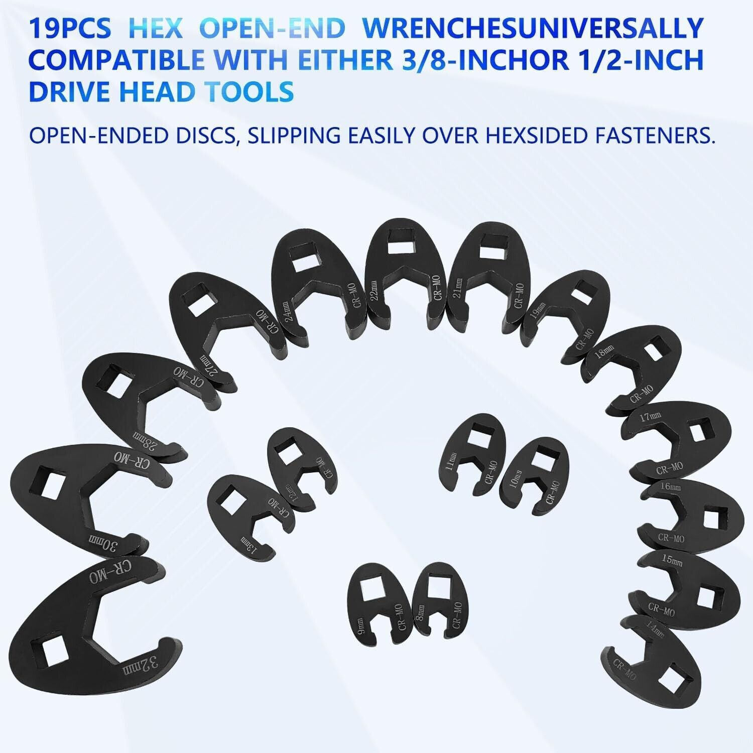 19x Metric Crowfoot Wrench Set 8-32mm 3/8″ 1/2″ Sq Drive Large Crow Foot Spanner