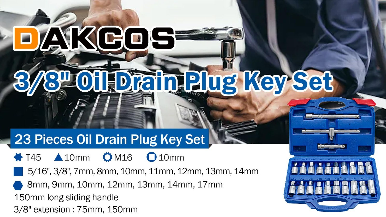 DAKCOS 23 Pcs Oil Drain Plug Key Set, 3/8” Drive Oil Service Socket Set, CR-V