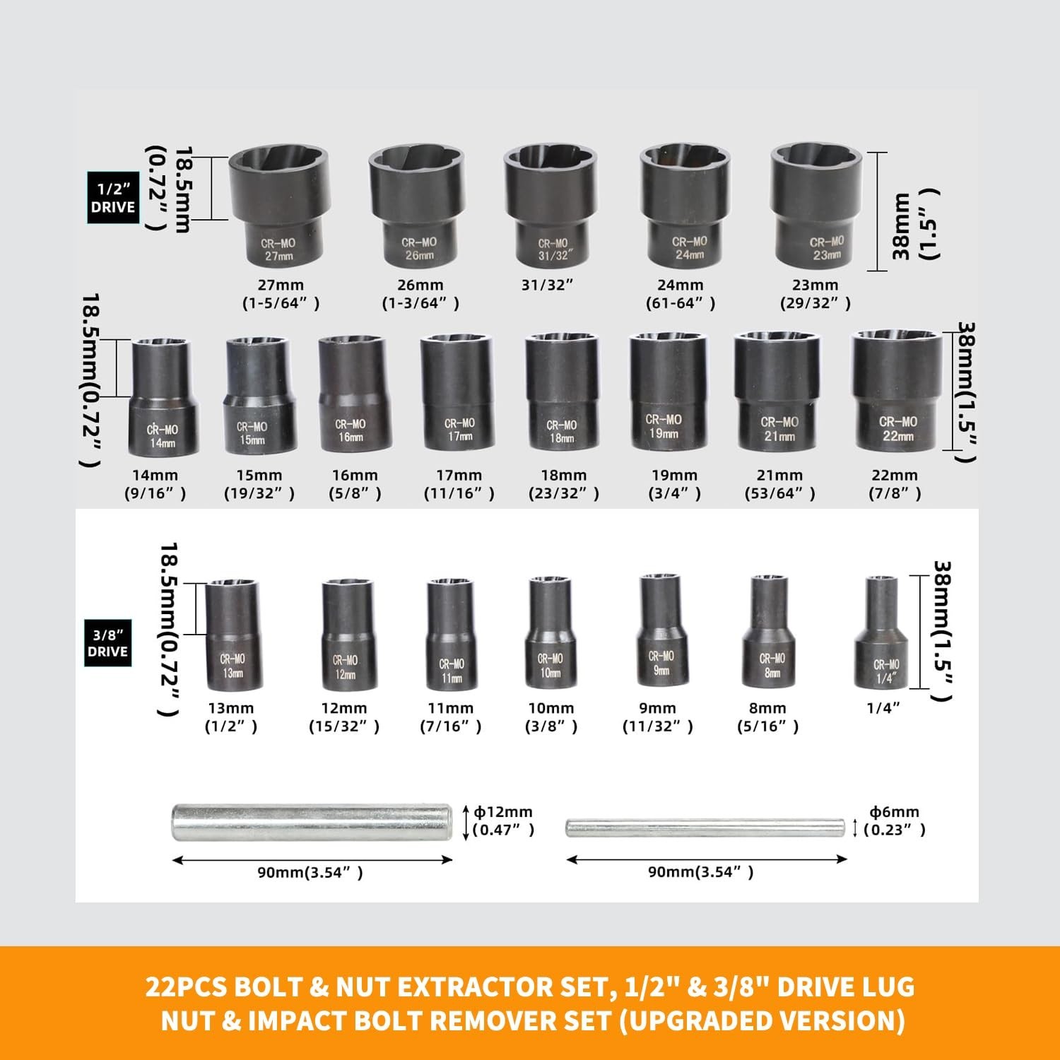 22-Piece Bolt Nut Extractor Set – Impact Lug Nut & Wheel Lock Removal Tool Kit