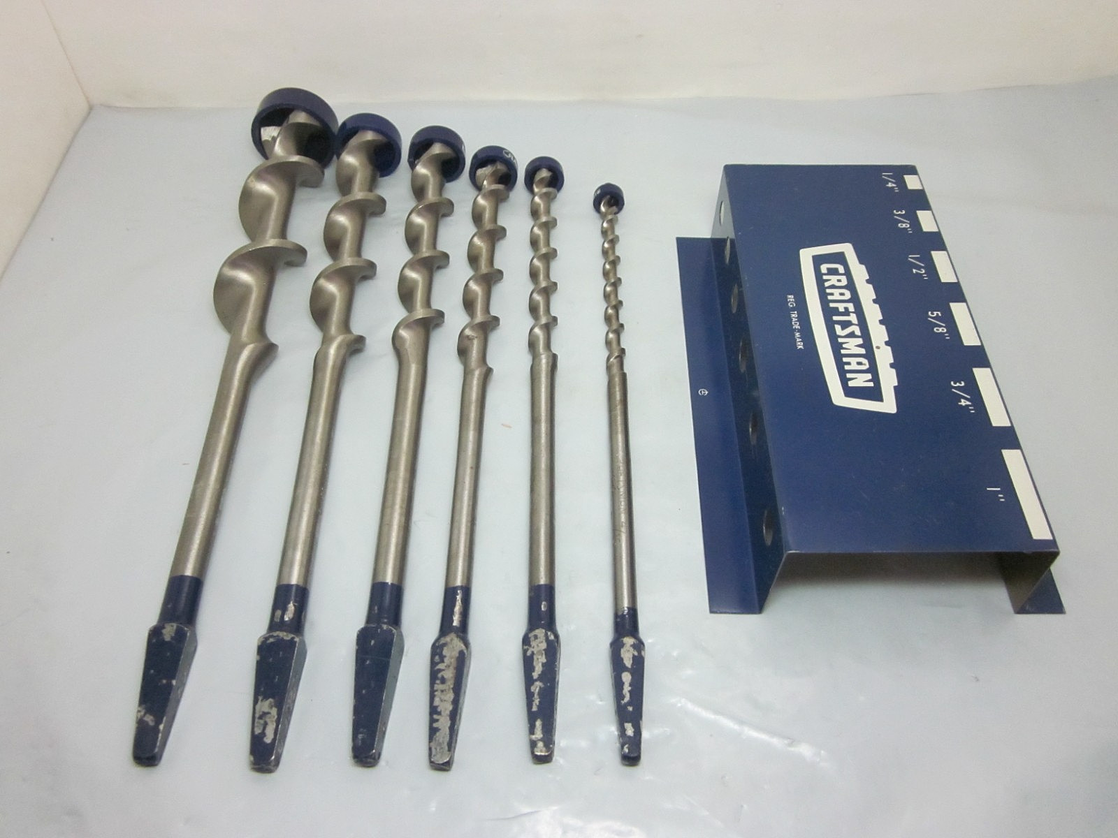 Vtg Craftsman Set Of 6 Auger Drill Bits W/Metal Wall Mount 1/4″ to 1″ USA