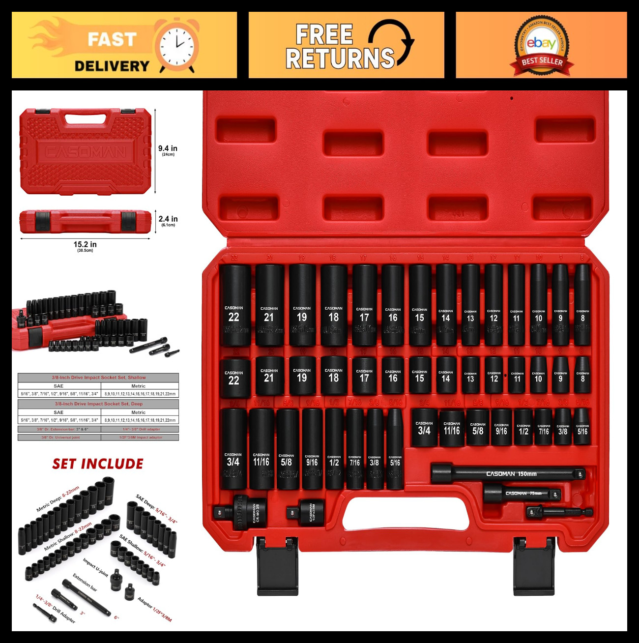49-Piece 3/8″ Drive Impact Socket Set – SAE & Metric, 6 Point, Cr-V Steel, Durab
