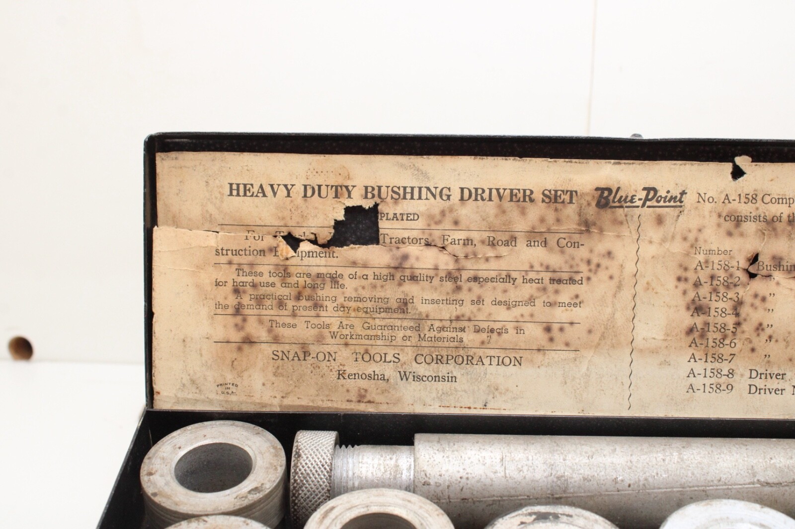 Blue-Point A-158 Heavy Duty Bushing Driver Set Metal Box USA