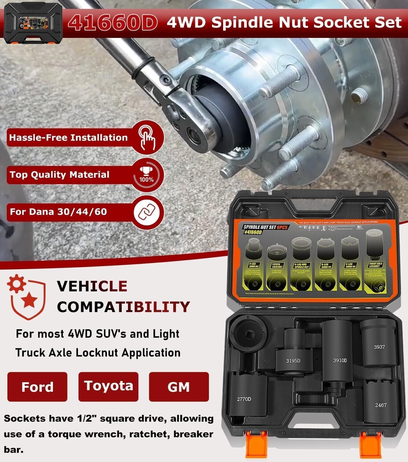 6pcs Spindle Nut Set 41660D 4WD Spindle Nut Socket Puller for Ford Dana 44/50/60