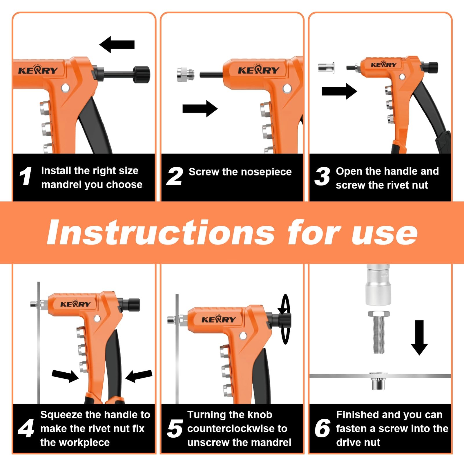 Kerry Rivet Nut Gun Tool, One-Handed Riveters 9.5″ 9.5”, Orange and Black