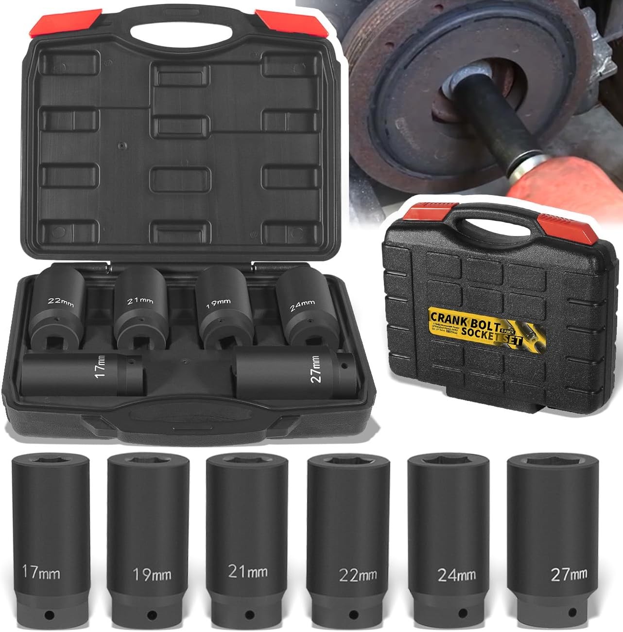 6 PACK 1/2″ CRANK BOLT SOCKET SET,17MM, 19MM, 21MM, 22MM, 24MM 27MM