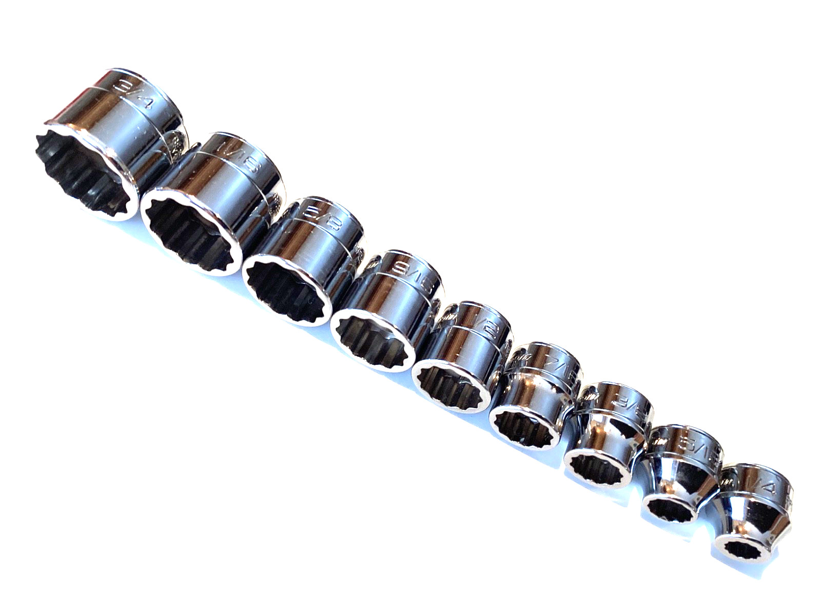 Snap On 209RF 9 Piece 3/8″ Drive 12 Point SAE Low Profile Chrome Socket Set MINT