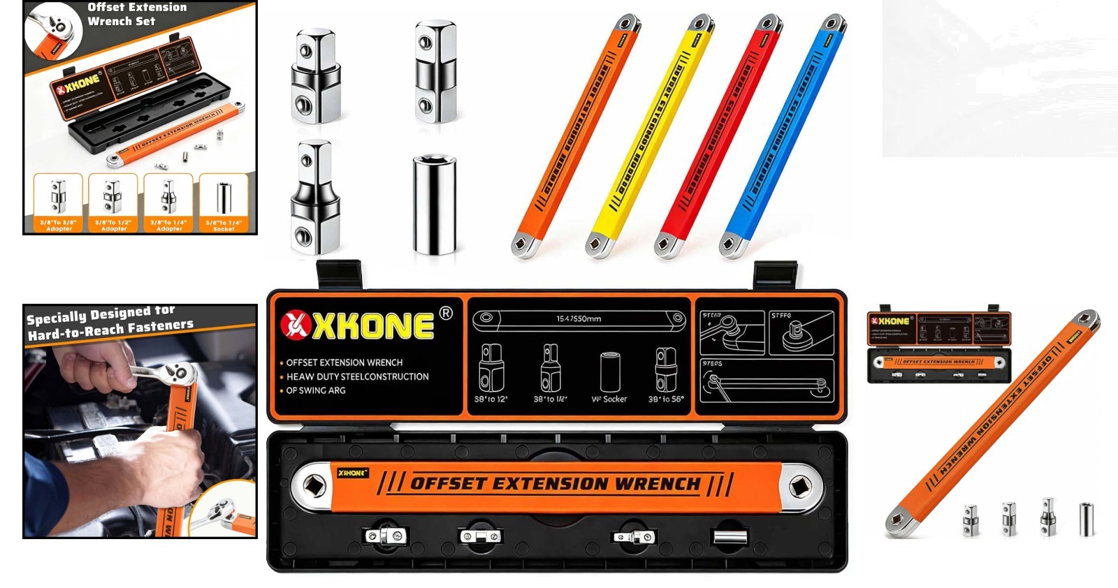 Versatile 15.4″ Offset Extension Wrench – 3 Adapters Included for Tight Spaces